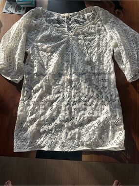 Love Stitch Cream Crochet Lace Tunic with Pom Tie